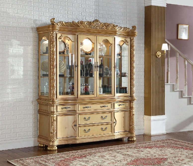 Bennito Collection 703-hb 96" Hutch And Buffet With 5 Drawers Glass Shelves Glass Doors And Hand Crafted Designs In Rich Gold