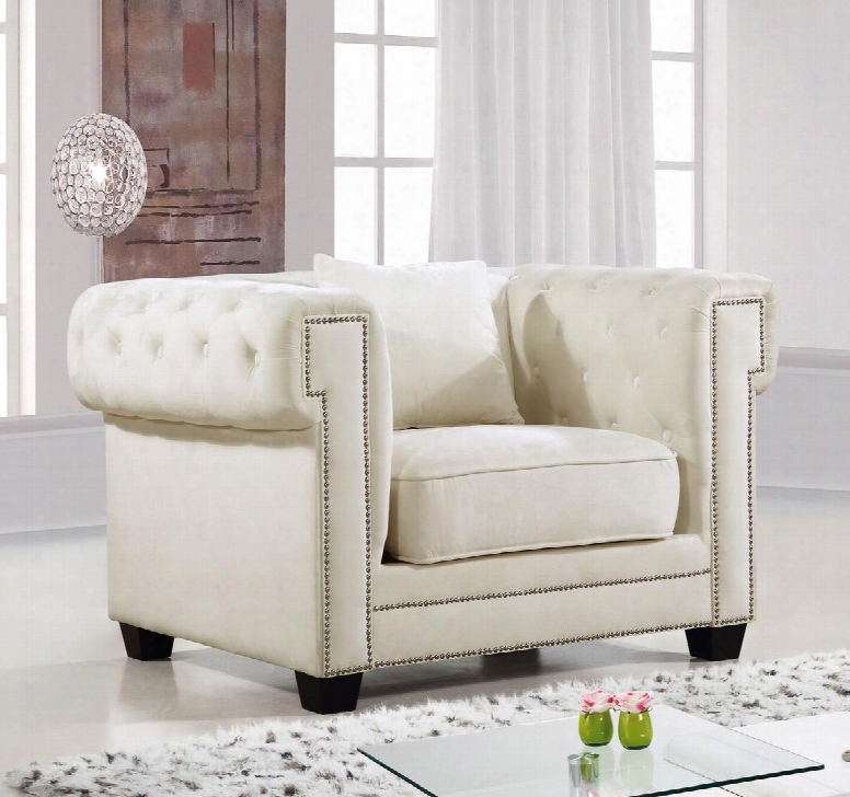 Bowery Collection 614cream-c 47" Chair With Velvet Upholstery Chrome Nail Heads Button Tufting And Contemporary Style In