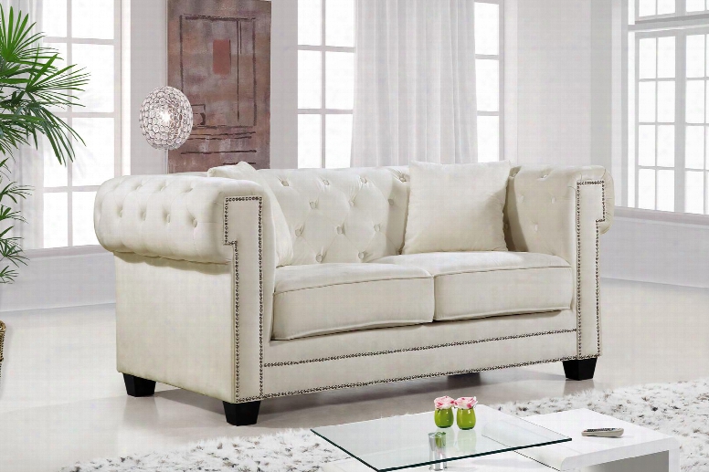 Bowery Collection 614cream-l 69" Loveseat With Velvet Upholstery Chrome Nail Heads Button Tufting And Contemporary Style In