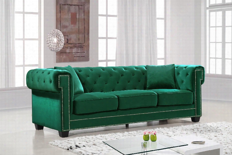 Bowery Collection 614green-s 90" Sofa With Velvet Upholstery Chrome Nail Heads Button Tufting And Contemporary Style In