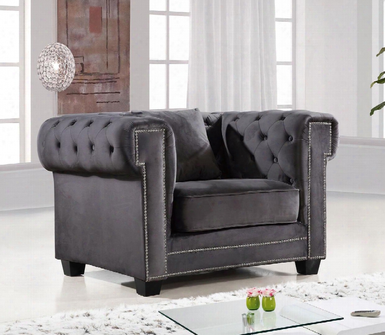 Bowery Collection 614grey-c 47" Chair With Velvet Upholstery Chrome Nail Heads Button Tufting And Contemporary Style In