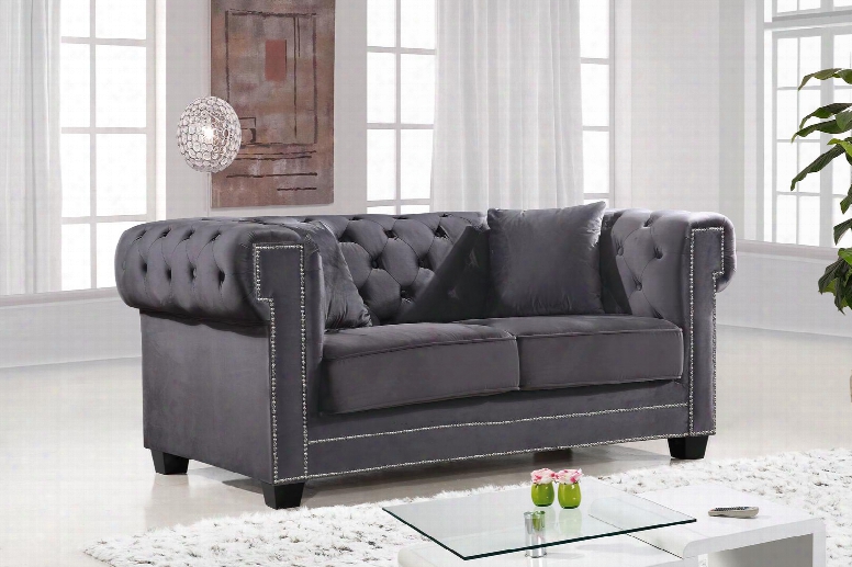 Bowery Collection 614grey-l 69" Loveseat With Velvet Upholstery Chrome Nail Heads Button Tufting And Contemporary Style In