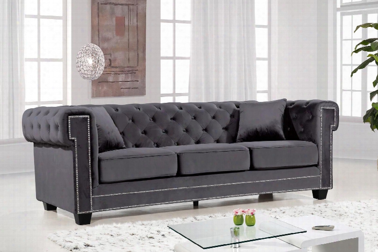 Bowery Collection 614grey-s 90" Sofa With Velvet Upholstery Chrome Nail Heads Button Tufting And Contemporary Style In