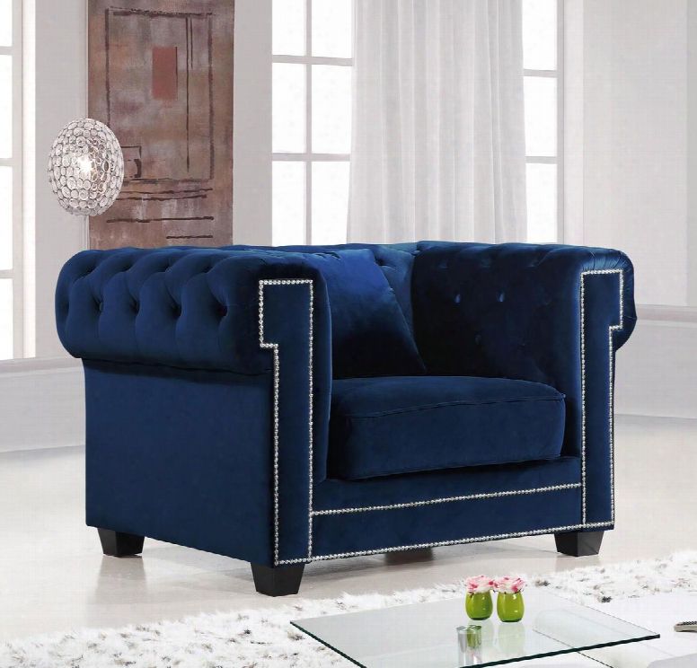 Bowery Collection 614navy-c 47" Chair With Velvet Upholstery Chrome Nail Heads Button Tufting And Contemporary Style In