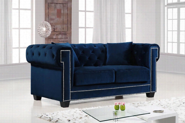 Bowery Collection 614navy-l 69" Loveseat With Velvet Upholstery Chrome Nail Heads Button Tufting And Contemporary Style In