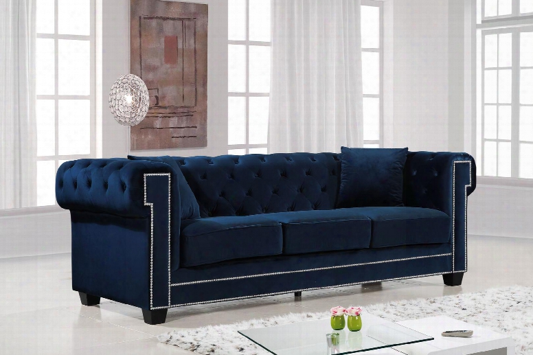 Bowery Collection 614navy-s 90" Sofa With Velvet Upholstery Chrome Nail Heads Button Tufting And Contemporary Style In
