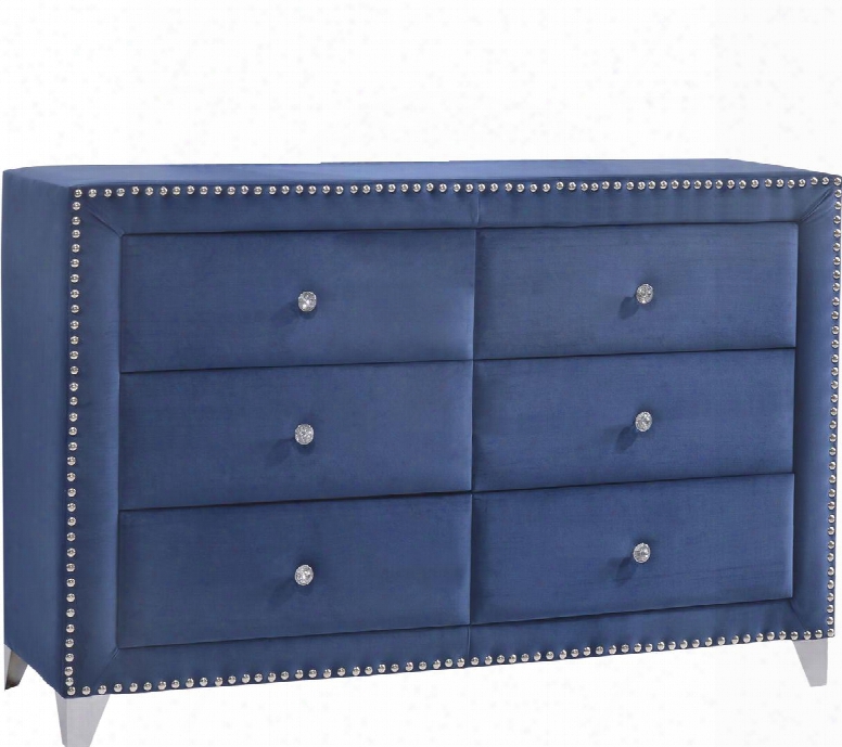 Caroline Collection Caroline-d 63" Dresser With Velvet Upholstery Crystal Handles Chrome Legs And Traditional Style In