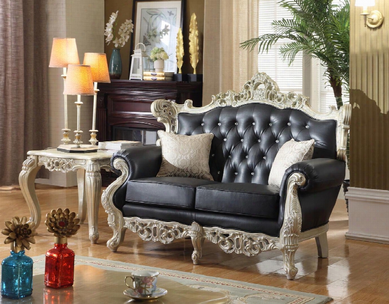 Cesar Collection 602-l 61" Loveseat With Bonded Leather Upholstery French Provincial Hand Crafted Design And Traditional Style In Black With Silver