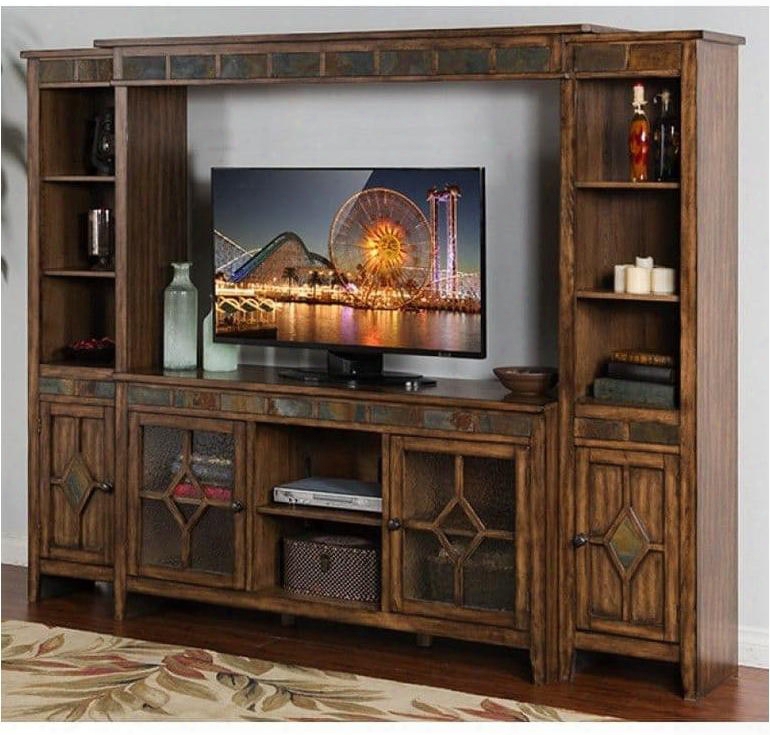 Coventry Collection 3553bm 94" Entertainment Wall With 2 Waterfall Glass Doors Natural Slate And Adjustable Shelves In Burnish