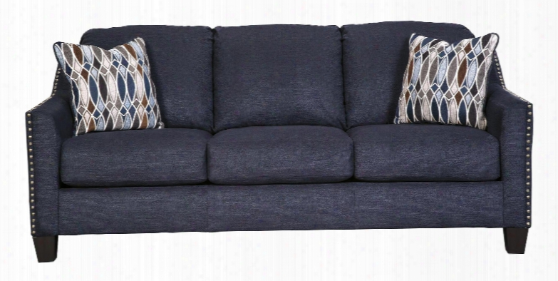 Creeal Heights Collection 8020238 81" Stationary Sofa With Sloping Track Arms Tapered Legs 2 Toss Pillows And Fabric Upholstery In Midnight Blue