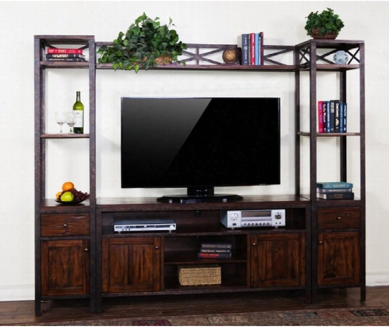 Crosswind Collection 3523wm 92" Tv Console Wall With Metal Framing 4 Doors And 2 Drawers In Weathered Mocha