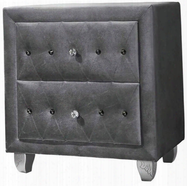 Deanna Collection 205102 26" Nightstand With 2 Drawers Facetted Buttons Carved Wood Legs Felt Lined Top Drawer And Fabric Upholstery In Grey And Metallic