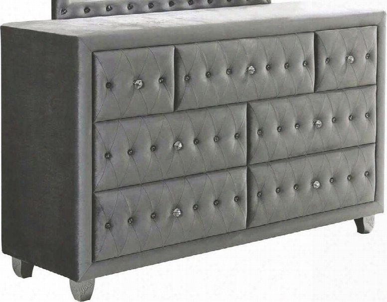 Deanna Collection 205103 61" Dresser With 6 Drawers Facetted Buttons Carved Wood Legs Felt Lined Top Drawer And Fabric Upholstery In Grey And Metallic