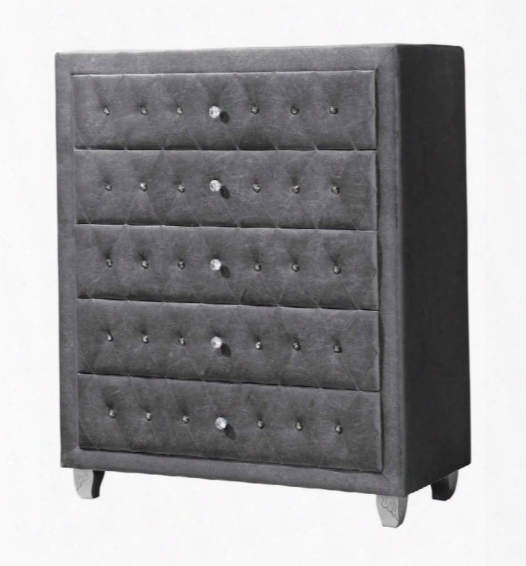 Deanna Collection 205105 40" Chest With 5 Drawers Facetted Buttons Carved Wood Legsfelt Lined Top Drawer And Fabric Upholstery In Grey And Metallic