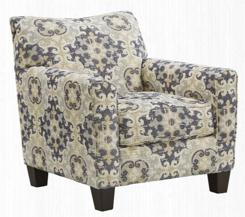 Denitasse Collection 8490421 35" Accent Chair With Medallion Pattern Fabric Upholstery Track Arms And Tapered Legs In Parchment And Denim