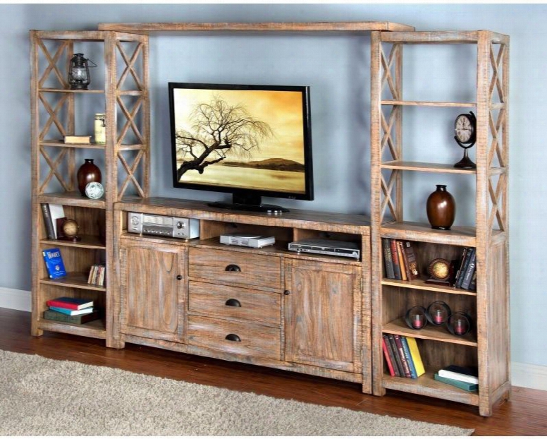 Durango Collection 3563wb 114" Entertainment Wall With 3 Drawers 2 Doors And 8 Adjustable Shelves In Weathered Brown