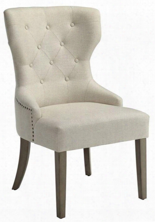 Florence Collection 104507 40" Side Chairman With Button Tufted Back Nail Head Accents Tapered Legs Wood Construction And Fabric Upholstery In Beige