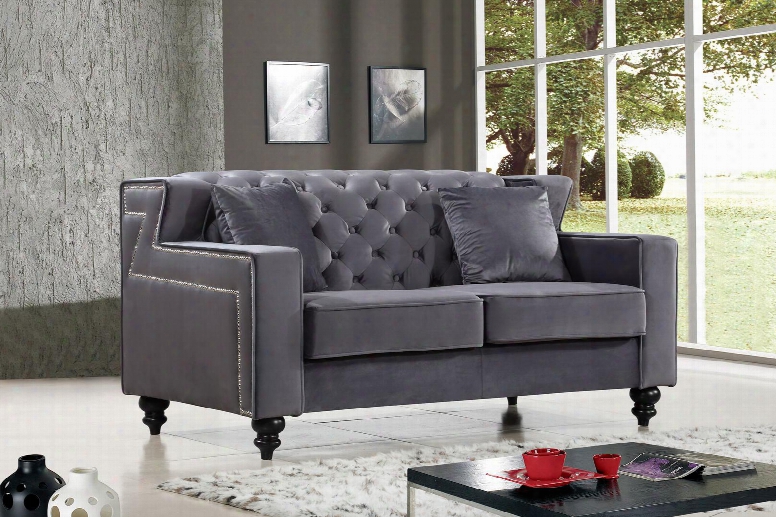 Harley Collection 616grey-l 62" Loveseat With Velvet Upholstery Tufted Back Silver Nailheads And Contemporary Style In