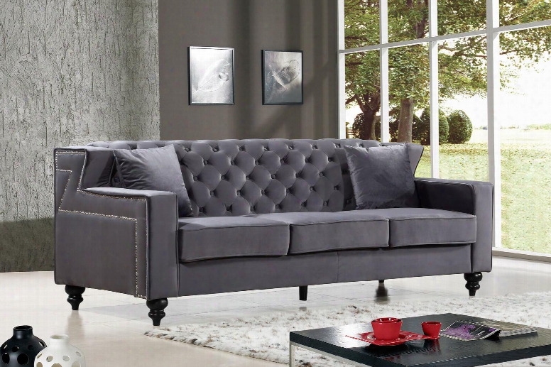 Harley Collection 616grey-s 86" Sofa With Velvet Upholstery Tufted Back Silver Nailheads And Contemporary Style In