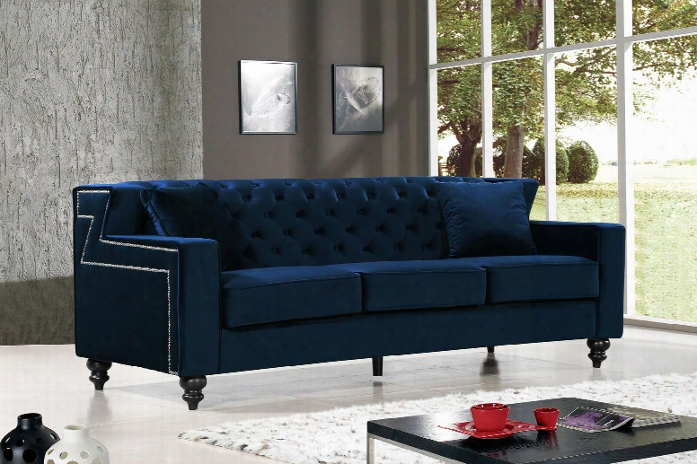 Harley Collection 616navy-s 86" Sofa With Velvet Upholstery Tufted Back Silver Nailheads And Contemp Orary Style In