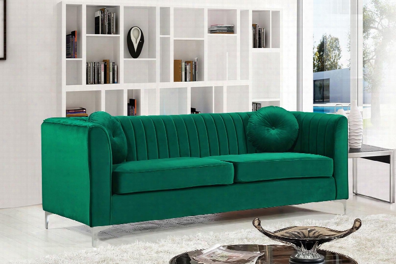 Isabelle Collection 612green-s 87" Sofa With Vevet Upholstery Chrome Legs Piped Stitching And Contemporary Style In