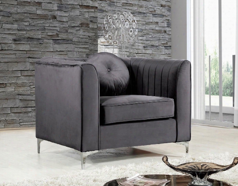 Isabelle Collection 612grey-c 39" Chair With Velvet Uphol Stery Hcrome Legs Piped Stitching And Contemporary Style In