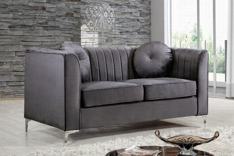 Isabelle Collection 612grey- 62" Loveseat With Velvet Upholstery Chrome Legs Pipe D Stitching And Contemporary Style In