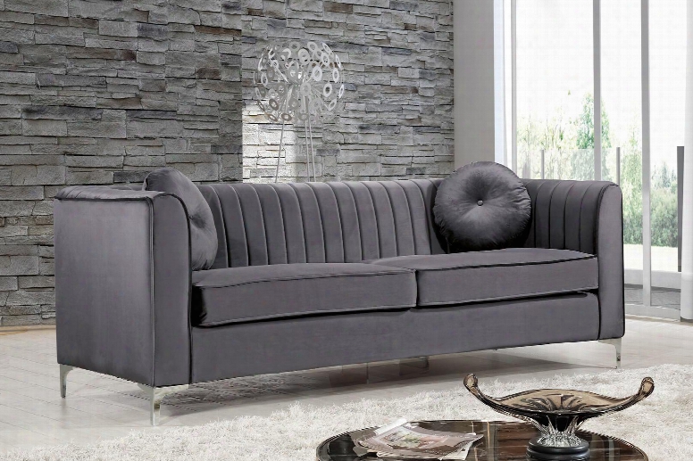 Isabelle Collection 612grey-s 87" Sofa With Velvet Upholstery Chrome Legs Piped Stitching And Contemporary Style In