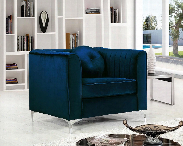 Isabelle Collection 612navy-c 39" Chair With Velvet Upholstery Chrome Legs Piped Stitching And Contemporary Style In