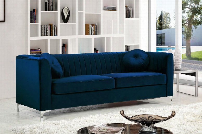 Isabelle Collection 612navy-s 87" Sofa With Velvet Upholstery Chrome Legs Piped Stitching And Contemporary Style In