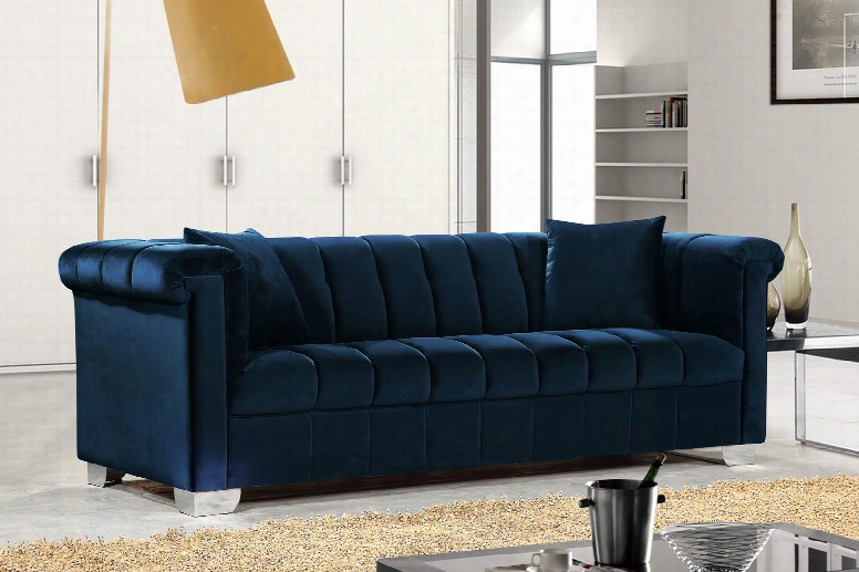 Kayla Collection 615navy-s 90" Sofa With Velvet Upholstery Chrome Legs And Contemporary Style In