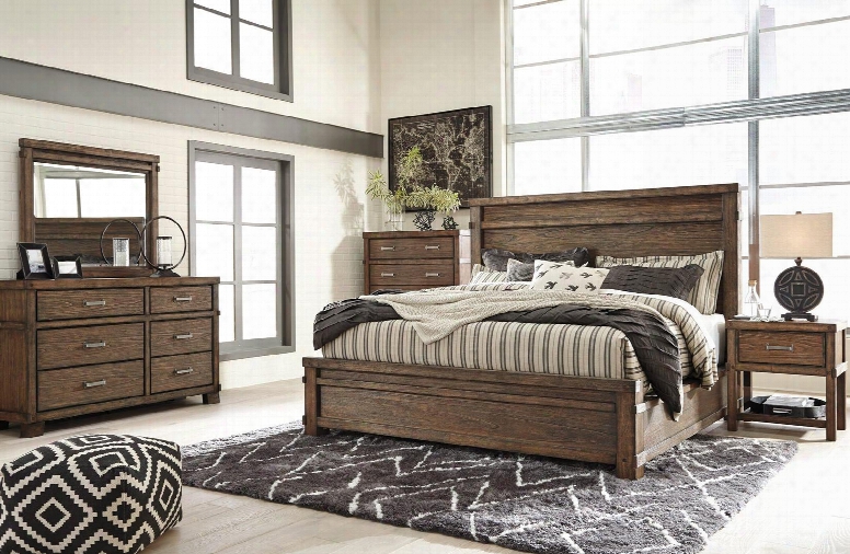 Leystone King Bedroom Set With Panel Bed Dresser Mirror 2x Nightstands And Chest In Dark