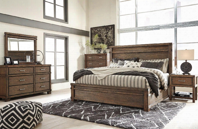 Leystone King Bedroom Set With Panel Bed Dresser Mirror Nightstand And Chest In Dark