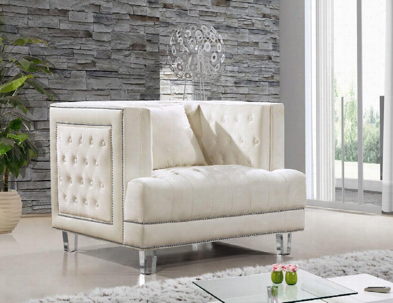 Lucas Collection 609cream-c 41" Chair With Velvet Upholstery Silver Nail Heads Tufted Cushions And Contemporary Style In