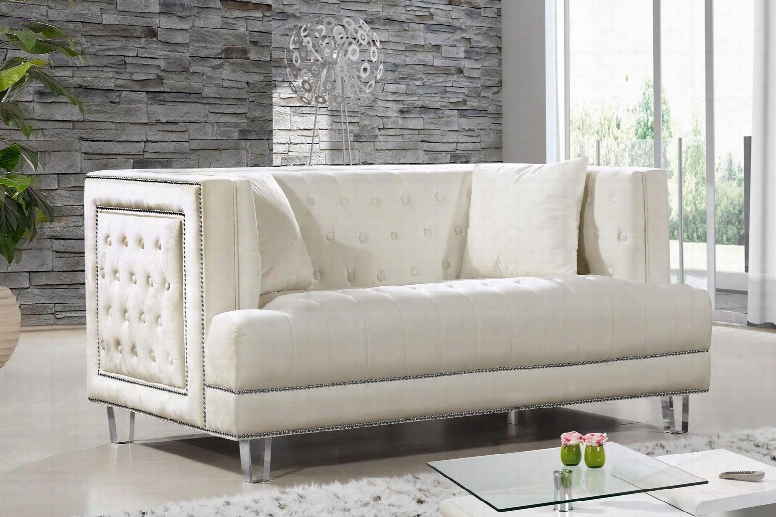 Lucas Collection 609cream-l 64" Loveseat With Velvet Upholstery Silver Nail Heads Tufted Cushions And Contemporary Style In