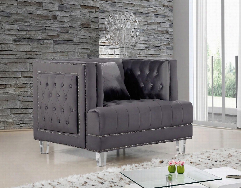Lucas Collecction 609grey-c 41" Chair With Velvet Upholstery Silver Nail Heads Tufted Cushions And Contemporary Style In