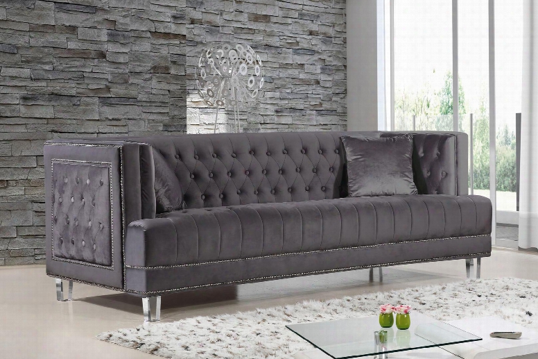 Lucas Collection 609grey-s 89" Sofa With Velvet Upholstery Silver Nail Heads Tufted Cushions And Contemporary Style In