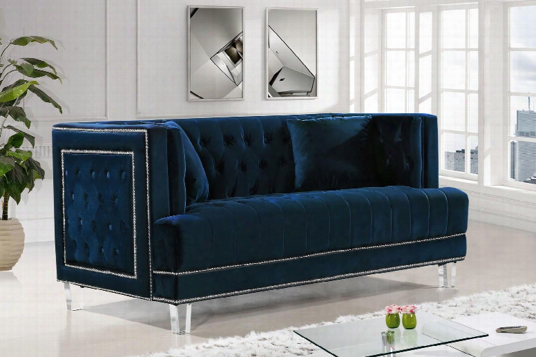 Lucas Collection 609navy-l 64" Loveseat With Velvet Upholstery Silver Nail Heads Tufted Cushions And Contemporary Style In