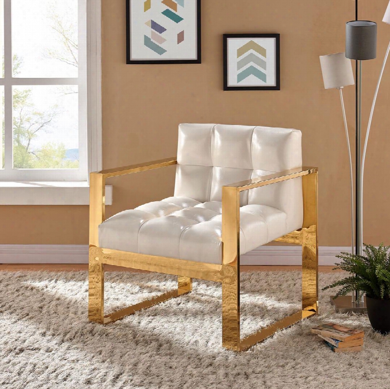 Mia Collection 513white 29" Accent Chair With Leather Uphosltery Track Arms Stainless Steel And Contemporary Style In White With Gold