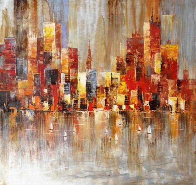 Modrest Absract Harbor Vgshd-adc7639 39" Oil Paintinf With Sailing And Tall Buildings Design Canvas Material Hand Painted And Glossy Look In Multi