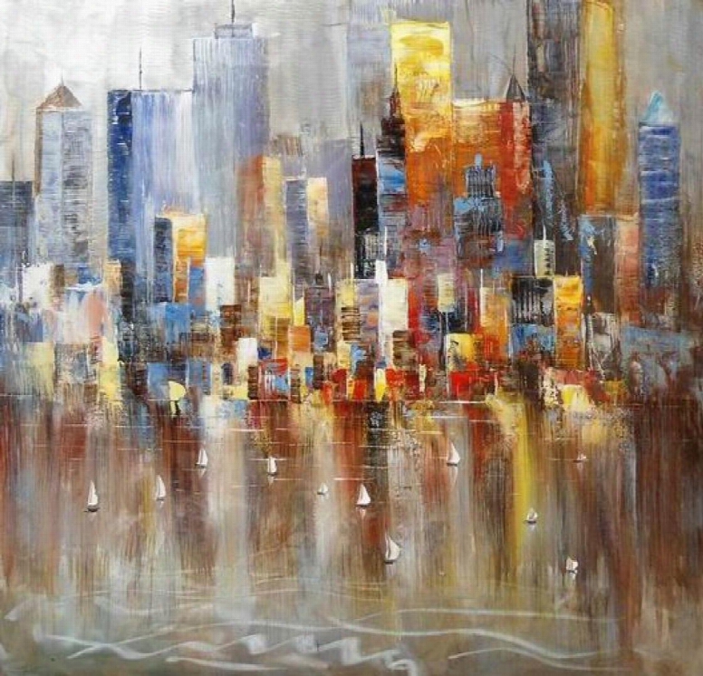 Modrest Absract Harbor Vgshd-adc7641 39" Oil Painting With Sailing And Tall Buildings Design Canvas Material Hand Painted And Glossy Look In Multi