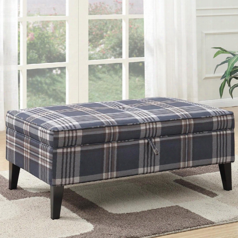 Ottomans Collection 500449 48" Storage Ottoman With Cappuccino Tapered Legs Lift Top And Plaid Fabric Upholstery In Indigo