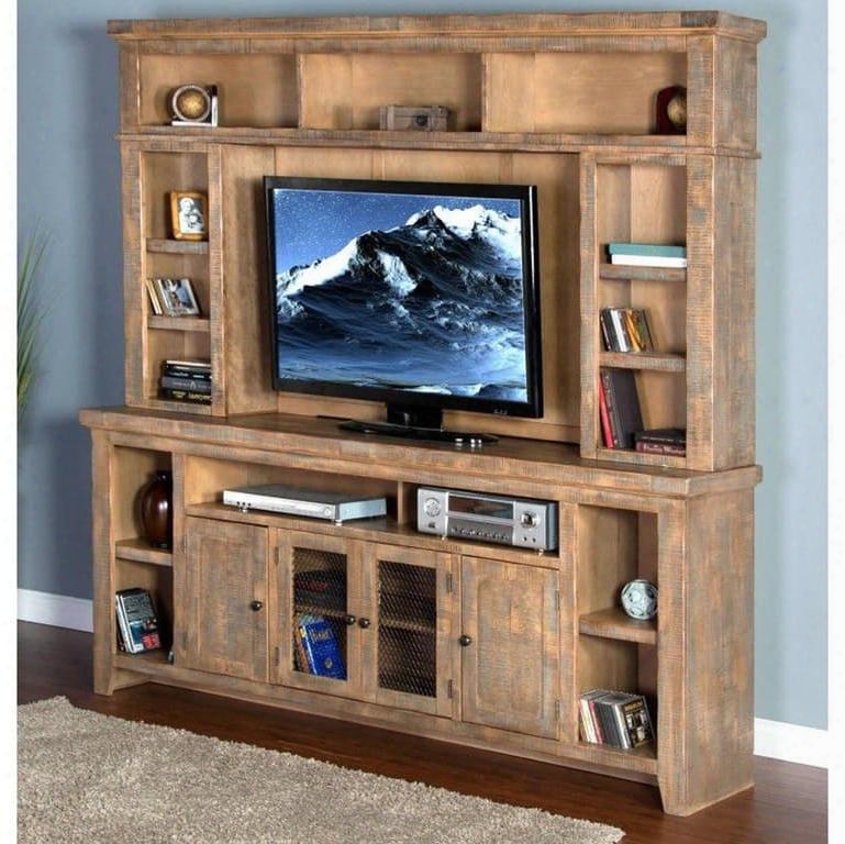 Puebla Collection 3559dw 84" Entertainment Wall With 2 Glass Doors And Storage Around Whole Hutch In Drift Wood