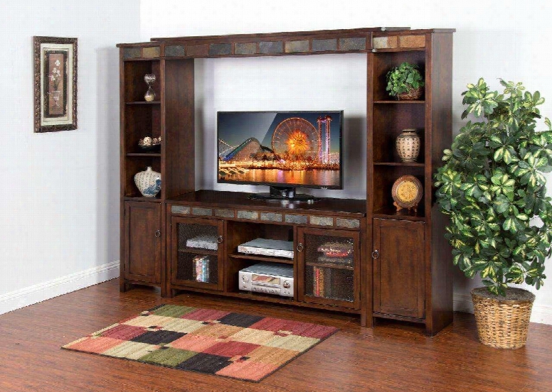 Santa Fe Collection 3464dc 94" Entertainment Wall With Natural Slate 4 Doors And 12 Shelves In Dark Chocolate