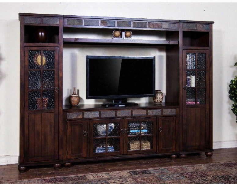 Santa Fe Collection 3509dc 104" Entertainment Wall With Bun Feet Beehive Glass And Adjustable Shelves In Dark Chocolate