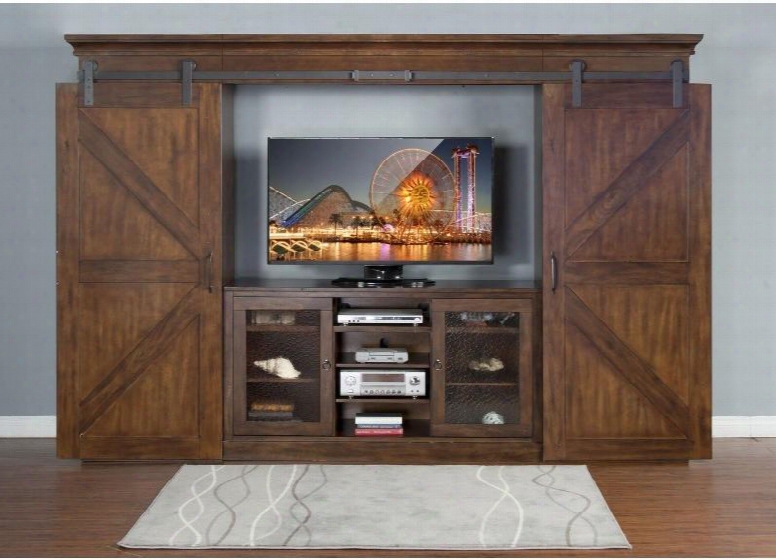 Santa Fe Collection 3565dc 123" Entertainment Wall With 2 Sliding Farm Doors Beehive Glass And 2 Drawers In Dark Chocolate