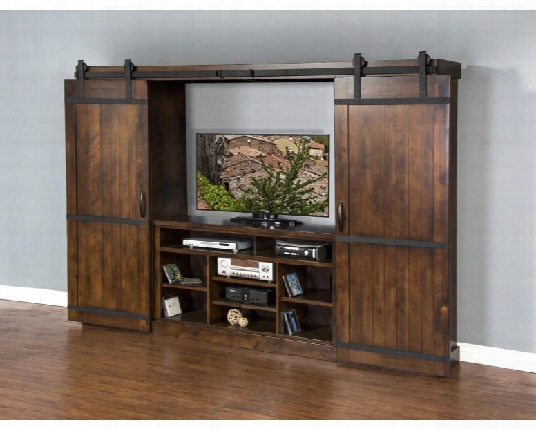 Santa Fe Collection 3579dc-2 105" Barn Door Entertainment Wall With Sliding Bard Doors Adjustable Shelves And Cord Management In Dark Chocolate