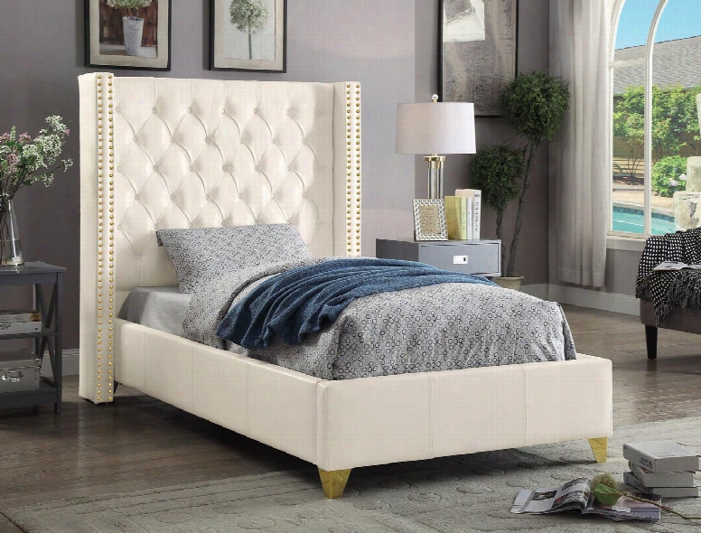 Soho Collection Sohowhite-f 81" Full Size Bed With Bonded Leather Gold Nailheads And Legs Wing Design And Contemporary Style In