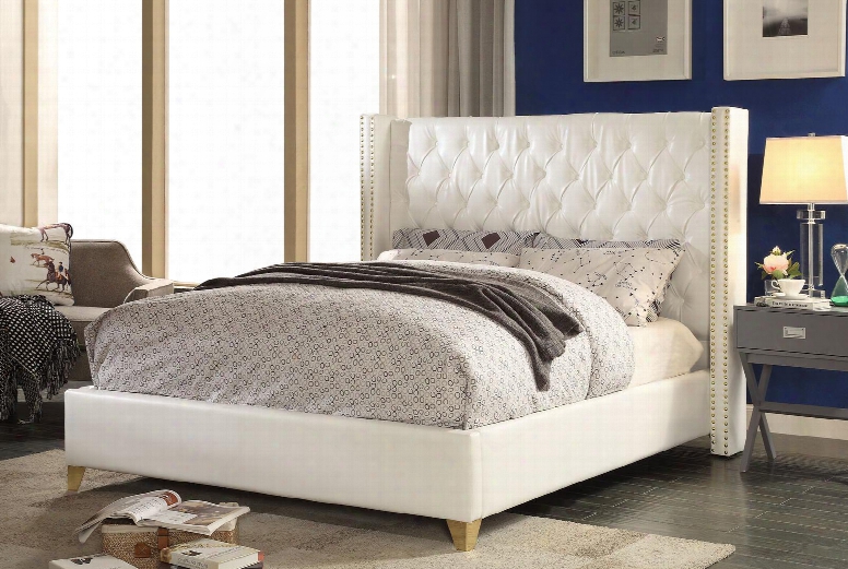 Soho Collection Sohowhite-k 86" King Size Bed With Bonded Leather Gold Nailheads And Legs Wing Design And Contemporary Style In