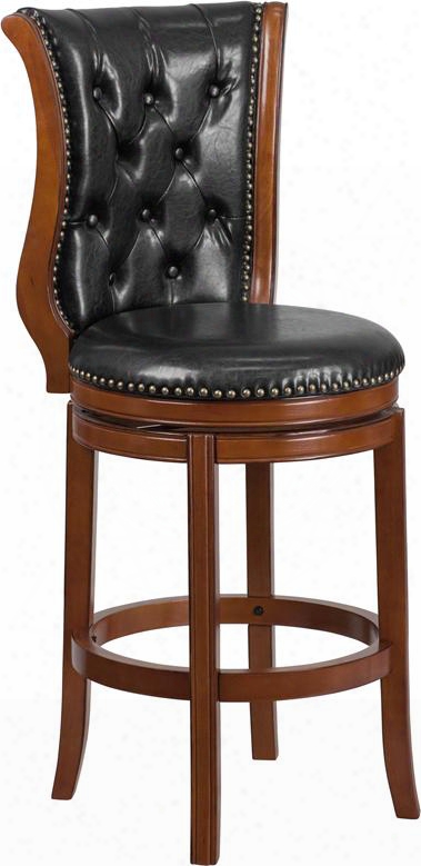 Ta -2301230-b-gg 49" High Brandy Wood Barstool With Black Leathersoft Upholstery Swivel Seat And Button Tufted